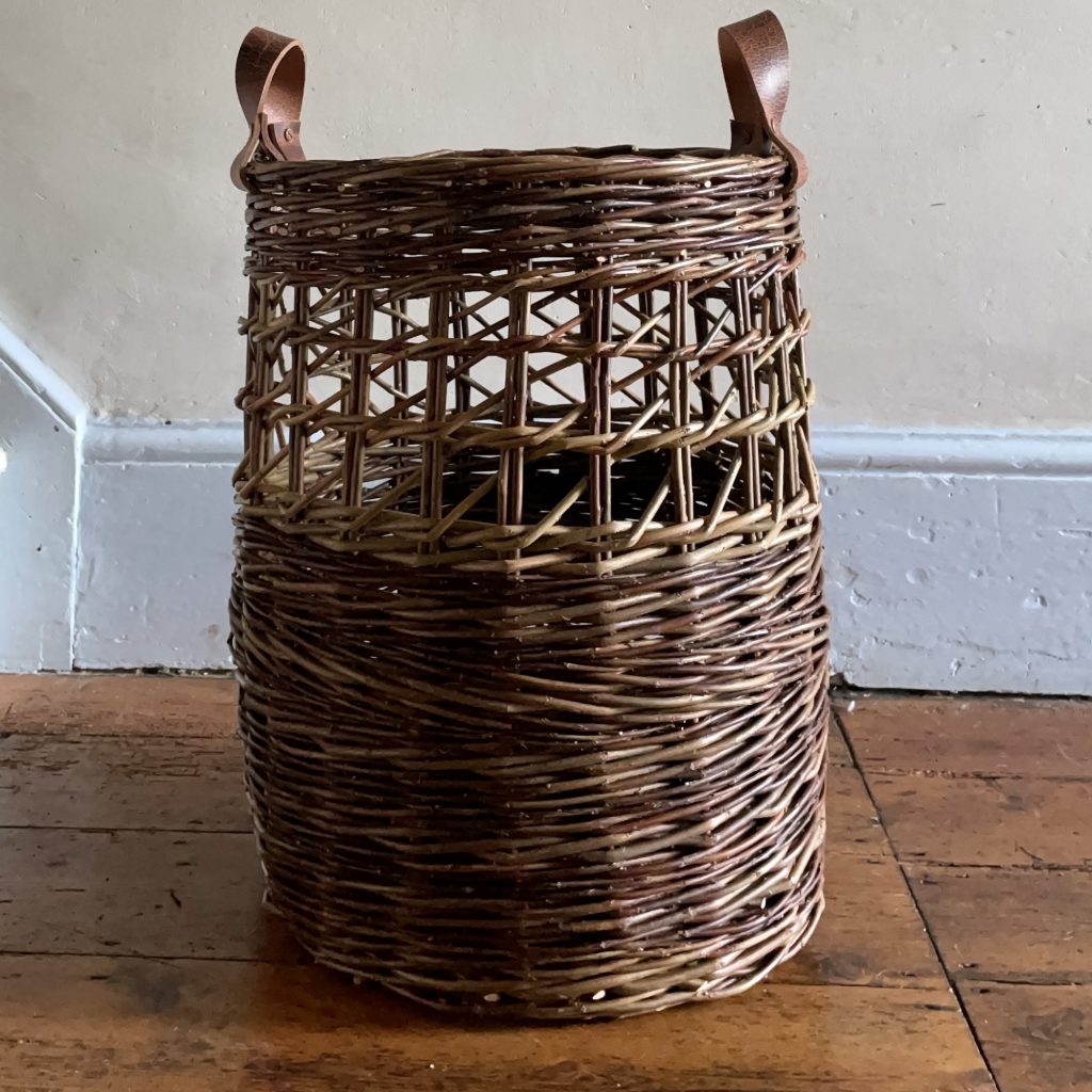 Large willow storage basket cylinder round diagonal side weave Irish donkey creel leather handles